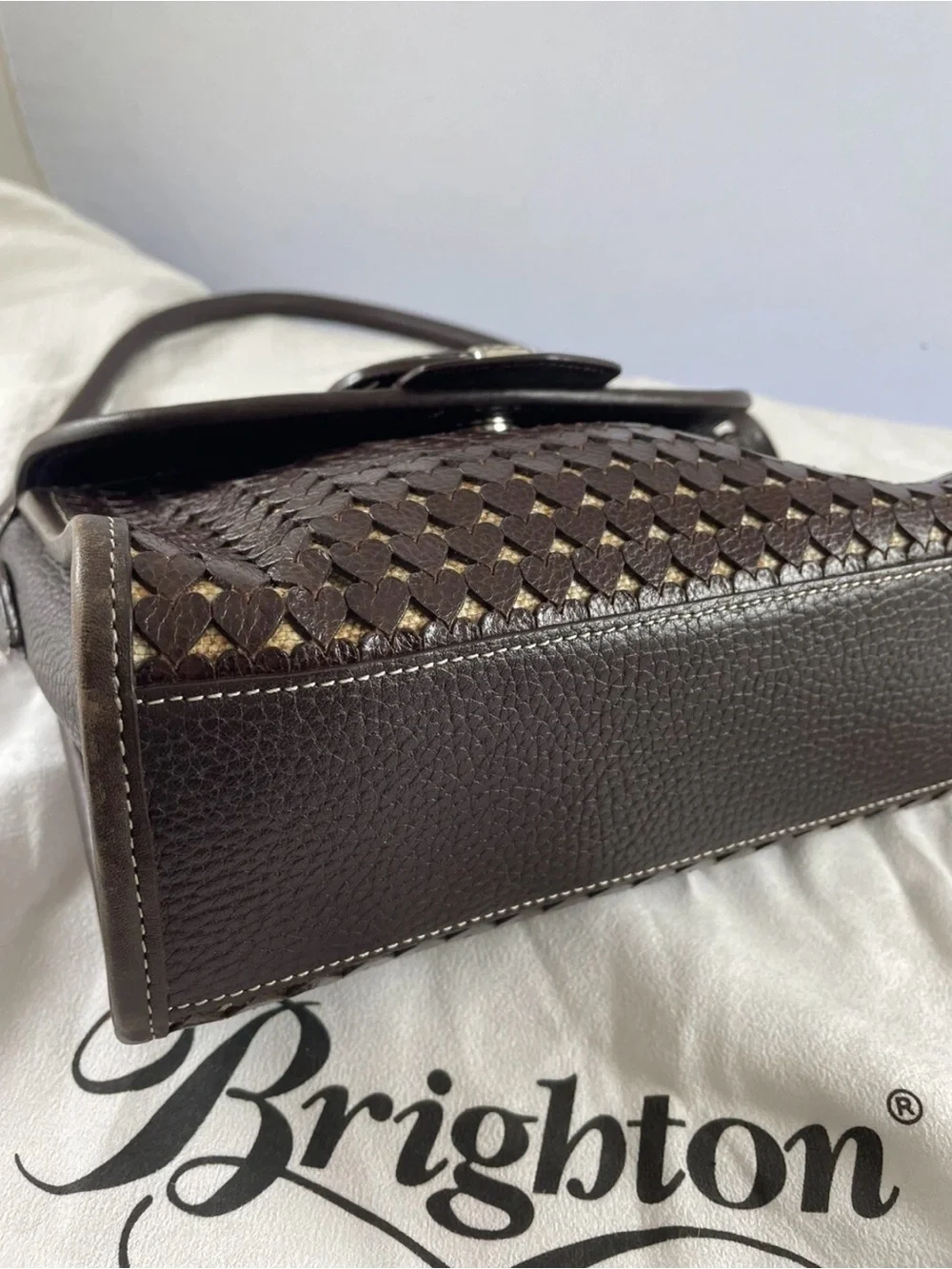 Brighton East West Leather Heart cut out woven Crossbody Bag - Dark Brown